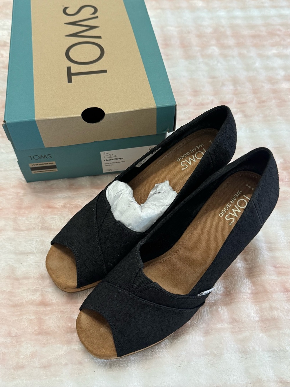 TOMS Black Open-Toe Wedge Espadrille